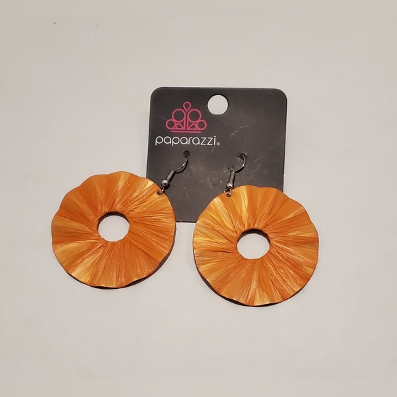 Paparazzi Orange Wavy Disc Dangle Earrings - Picture 2 of 4